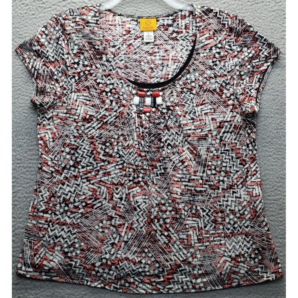 Ruby Rd. Blouse W/Camisole Top Womens Large Multi Geometric Beaded Studded Neck